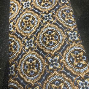 JZ Richards Boulder Mens Silk Necktie Gold Blue Black Medallion Geometric USA
